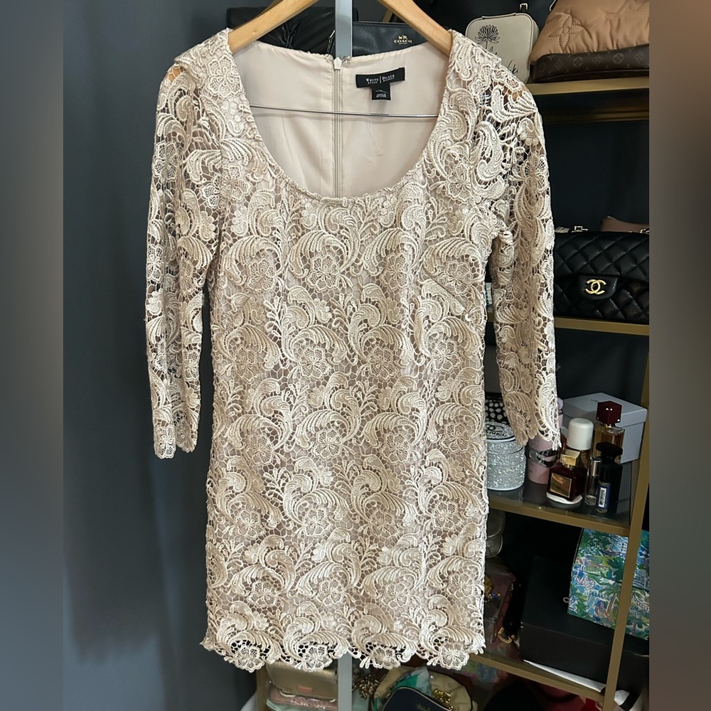 NWOT WHBM Lace Cocktail Mini Dress 3/4 Sleeves Champagne Size 2